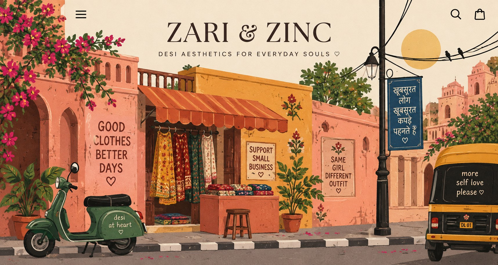 Illustrated modern Indian street for ZARI & ZINC